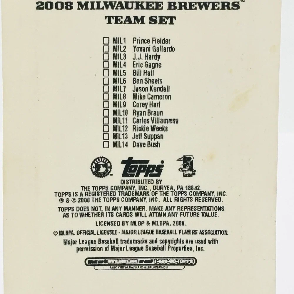 Topps 2008 Milwaukee Brewers 14 Card Sealed Team Set